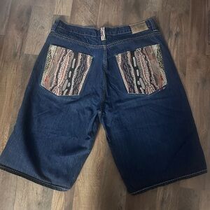 COOGI Men's Dark Blue Jean Shorts with Multicolor Patterned Pockets